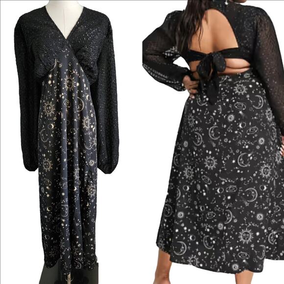 Neon Rose Moon Print Constellation Sheer Bell Sleeve Midi Dress Black Sz 28 - Picture 2 of 8